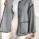 Frenchy chaqueta casual de mujer con estampado de leopardo, manga acampanada, para otono/invierno, de terciopelo con estampado de felpa (tela no esponjosa), con bolsillos delanteros con botones de color contrastante. chaqueta casual de manga larga