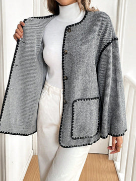 Frenchy chaqueta casual de mujer con estampado de leopardo, manga acampanada, para otono/invierno, de terciopelo con estampado de felpa (tela no esponjosa), con bolsillos delanteros con botones de color contrastante. chaqueta casual de manga larga