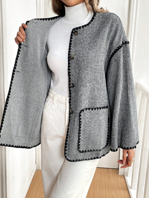 Frenchy chaqueta casual de mujer con estampado de leopardo, manga acampanada, para otono/invierno, de terciopelo con estampado de felpa (tela no esponjosa), con bolsillos delanteros con botones de color contrastante. chaqueta casual de manga larga