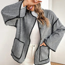 Frenchy chaqueta casual de mujer con estampado de leopardo, manga acampanada, para otono/invierno, de terciopelo con estampado de felpa (tela no esponjosa), con bolsillos delanteros con botones de color contrastante. chaqueta casual de manga larga