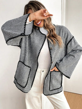 Frenchy chaqueta casual de mujer con estampado de leopardo, manga acampanada, para otono/invierno, de terciopelo con estampado de felpa (tela no esponjosa), con bolsillos delanteros con botones de color contrastante. chaqueta casual de manga larga