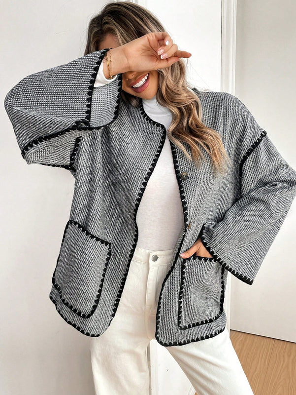 Frenchy chaqueta casual de mujer con estampado de leopardo, manga acampanada, para otono/invierno, de terciopelo con estampado de felpa (tela no esponjosa), con bolsillos delanteros con botones de color contrastante. chaqueta casual de manga larga