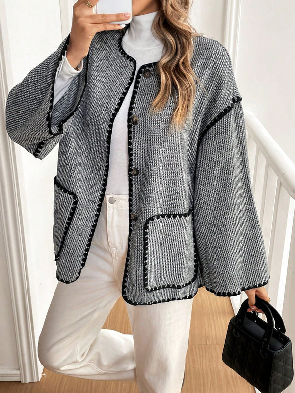 Frenchy chaqueta casual de mujer con estampado de leopardo, manga acampanada, para otono/invierno, de terciopelo con estampado de felpa (tela no esponjosa), con bolsillos delanteros con botones de color contrastante. chaqueta casual de manga larga
