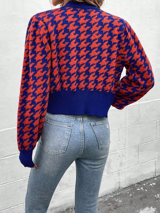 Essnce cardigan casual de mujer con botones y mangas de farol, dobladillo ancho y estampado de pata de gallo