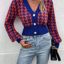 Essnce cardigan casual de mujer con botones y mangas de farol, dobladillo ancho y estampado de pata de gallo