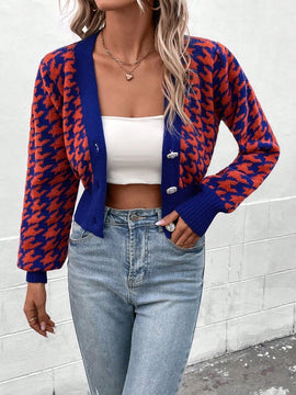 Essnce cardigan casual de mujer con botones y mangas de farol, dobladillo ancho y estampado de pata de gallo