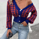 Essnce cardigan casual de mujer con botones y mangas de farol, dobladillo ancho y estampado de pata de gallo