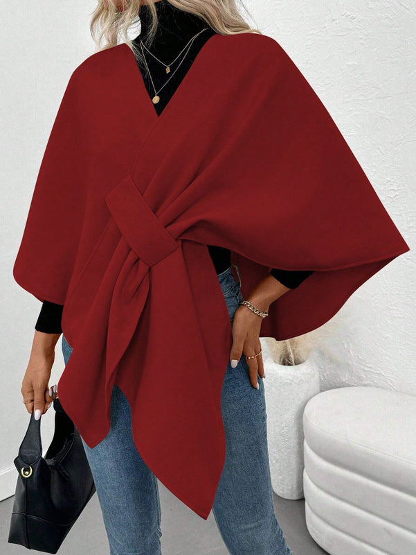 Clasi abrigo de lana de unicolor elegante con cierre envolvente para mujer, para otono/invierno
