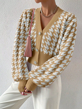 Essnce cardigan casual de mujer con botones y mangas de farol, dobladillo ancho y estampado de pata de gallo