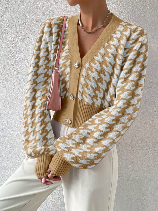 Essnce cardigan casual de mujer con botones y mangas de farol, dobladillo ancho y estampado de pata de gallo