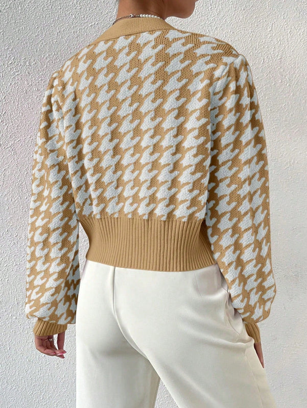Essnce cardigan casual de mujer con botones y mangas de farol, dobladillo ancho y estampado de pata de gallo