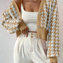 Essnce cardigan casual de mujer con botones y mangas de farol, dobladillo ancho y estampado de pata de gallo
