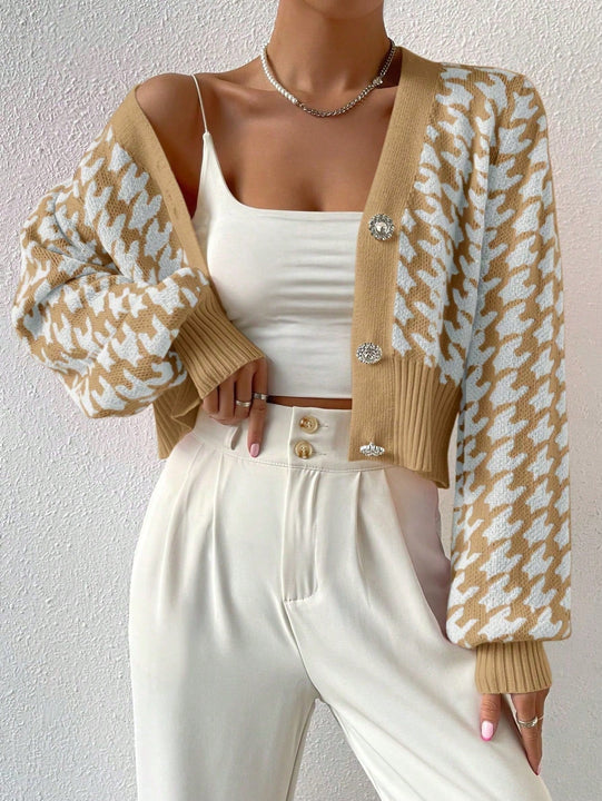 Essnce cardigan casual de mujer con botones y mangas de farol, dobladillo ancho y estampado de pata de gallo