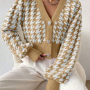 Essnce cardigan casual de mujer con botones y mangas de farol, dobladillo ancho y estampado de pata de gallo