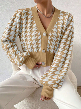 Essnce cardigan casual de mujer con botones y mangas de farol, dobladillo ancho y estampado de pata de gallo
