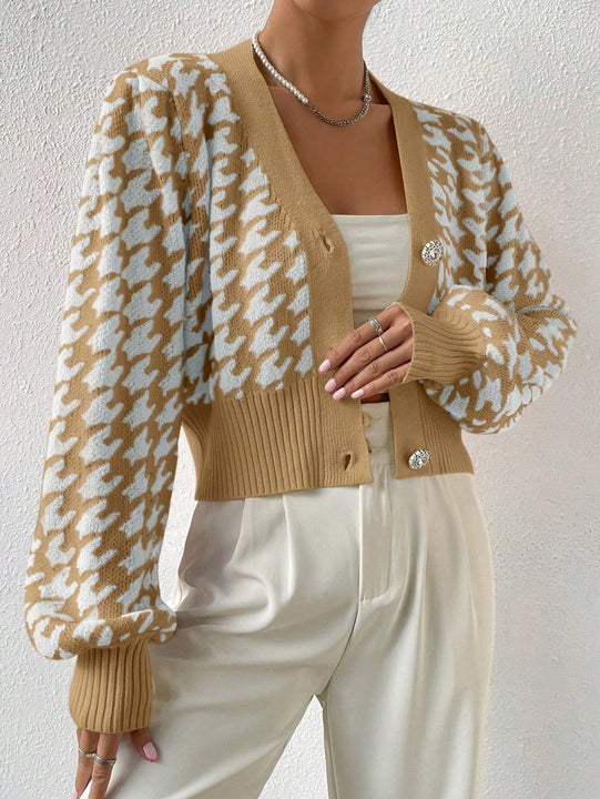 Essnce cardigan casual de mujer con botones y mangas de farol, dobladillo ancho y estampado de pata de gallo