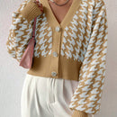 Essnce cardigan casual de mujer con botones y mangas de farol, dobladillo ancho y estampado de pata de gallo