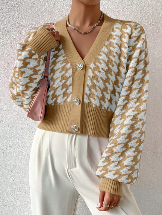 Essnce cardigan casual de mujer con botones y mangas de farol, dobladillo ancho y estampado de pata de gallo