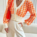 Essnce cardigan casual de mujer con botones y mangas de farol, dobladillo ancho y estampado de pata de gallo