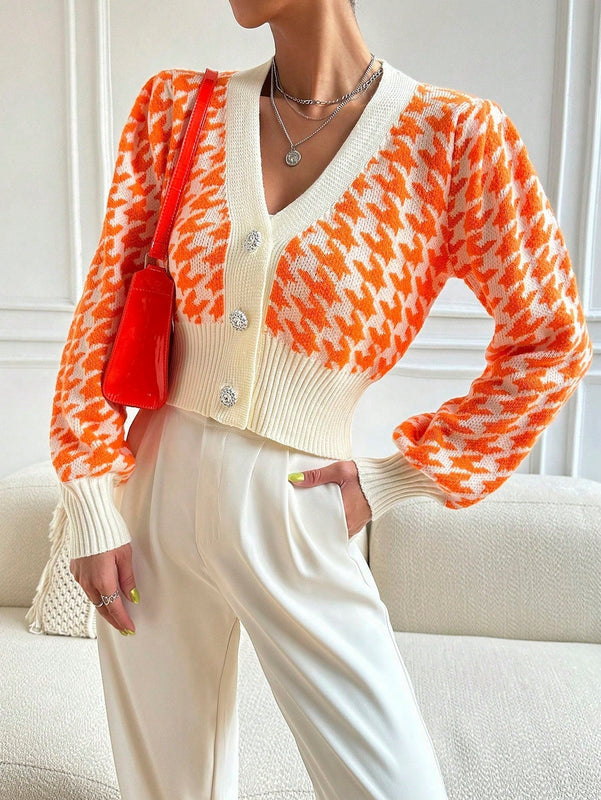 Essnce cardigan casual de mujer con botones y mangas de farol, dobladillo ancho y estampado de pata de gallo