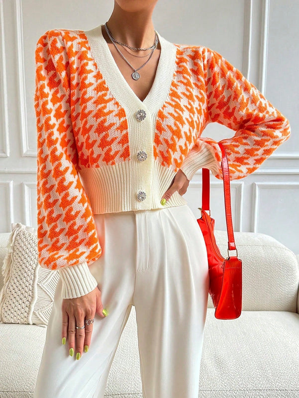 Essnce cardigan casual de mujer con botones y mangas de farol, dobladillo ancho y estampado de pata de gallo