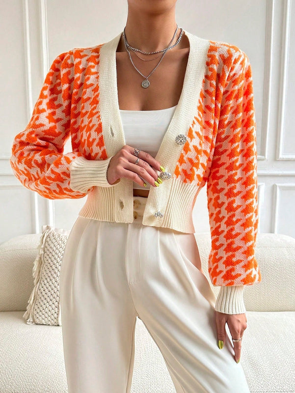 Essnce cardigan casual de mujer con botones y mangas de farol, dobladillo ancho y estampado de pata de gallo