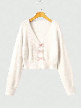 Romwe kawaii cardigan con lazo y contraste de color para mujer