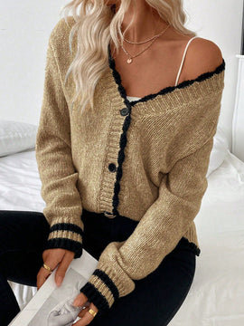 Frenchy blusa informal de mangas largas con botones delanteros y ribete de contraste para mujeres