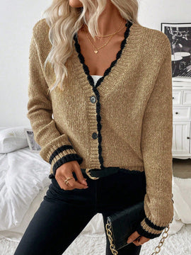 Frenchy blusa informal de mangas largas con botones delanteros y ribete de contraste para mujeres