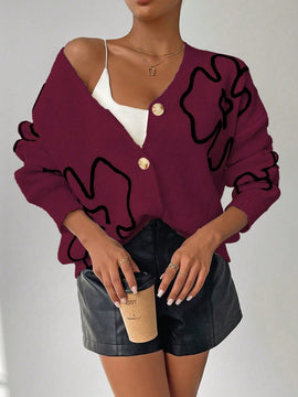 Frenchy cardigan casual de mujer con bloqueo de color y estampado floral, para otono/invierno
