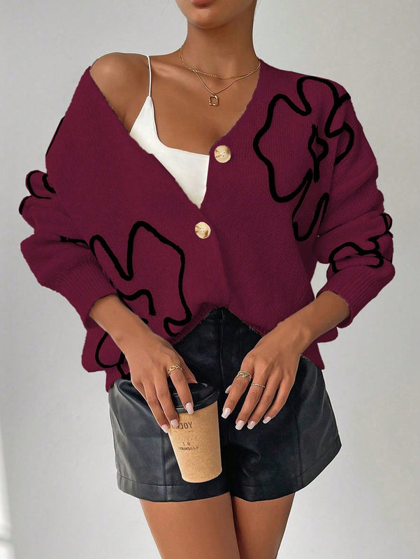 Frenchy cardigan casual de mujer con bloqueo de color y estampado floral, para otono/invierno