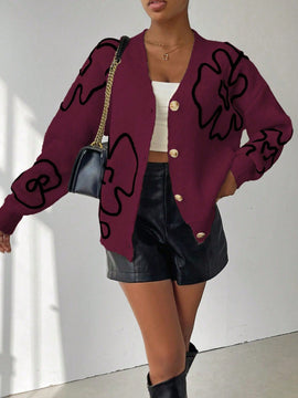 Frenchy cardigan casual de mujer con bloqueo de color y estampado floral, para otono/invierno