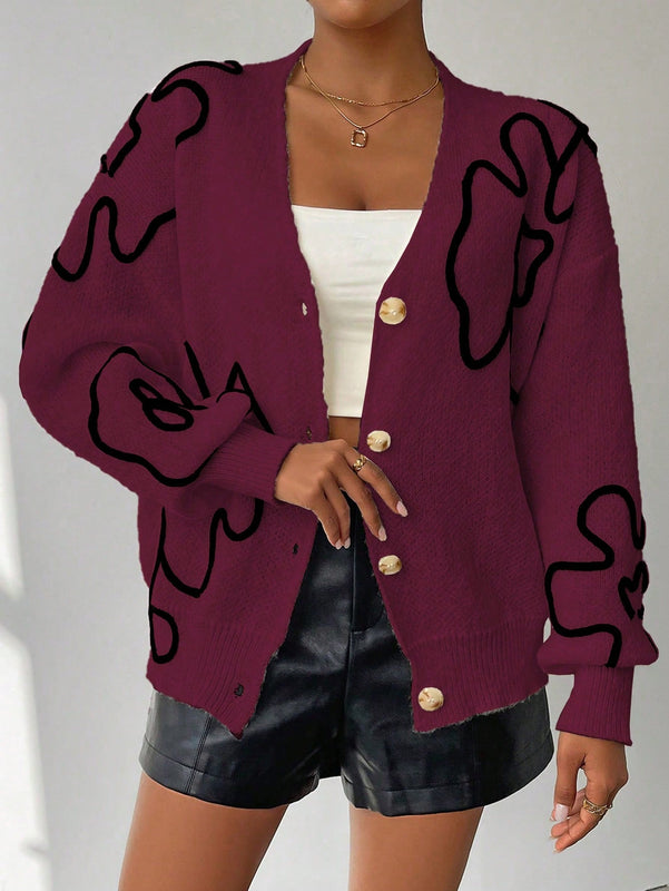 Frenchy cardigan casual de mujer con bloqueo de color y estampado floral, para otono/invierno