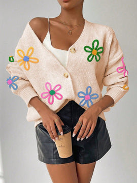 Frenchy cardigan casual de mujer con bloqueo de color y estampado floral, para otono/invierno