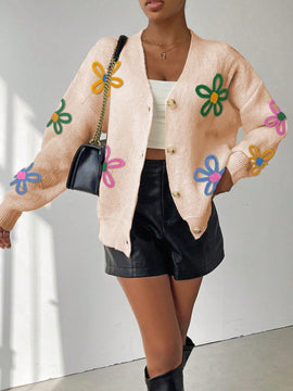 Frenchy cardigan casual de mujer con bloqueo de color y estampado floral, para otono/invierno