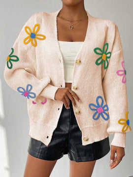 Frenchy cardigan casual de mujer con bloqueo de color y estampado floral, para otono/invierno