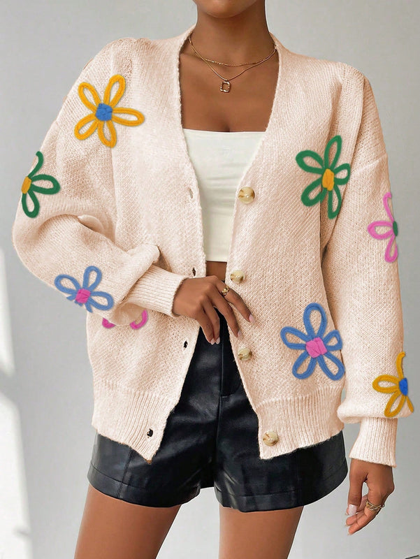 Frenchy cardigan casual de mujer con bloqueo de color y estampado floral, para otono/invierno