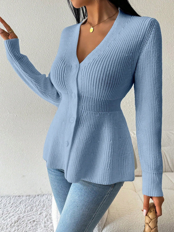 Lune cardigan elegante de mujer con cuello en v, cintura cenida y volantes en el bajo