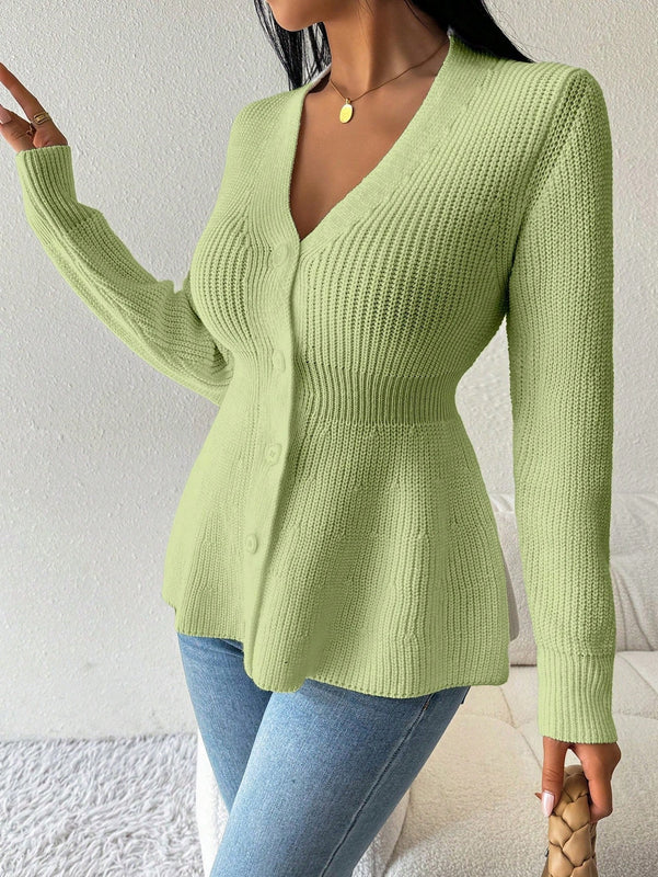Lune cardigan elegante de mujer con cuello en v, cintura cenida y volantes en el bajo