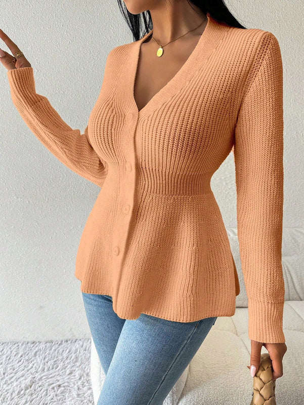 Lune cardigan elegante de mujer con cuello en v, cintura cenida y volantes en el bajo