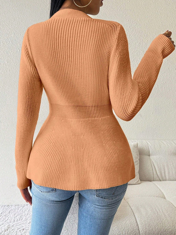 Lune cardigan elegante de mujer con cuello en v, cintura cenida y volantes en el bajo