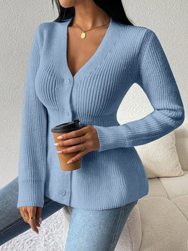 Lune cardigan elegante de mujer con cuello en v, cintura cenida y volantes en el bajo