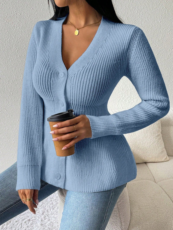 Lune cardigan elegante de mujer con cuello en v, cintura cenida y volantes en el bajo