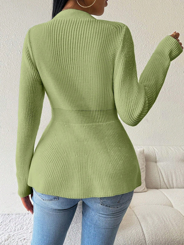 Lune cardigan elegante de mujer con cuello en v, cintura cenida y volantes en el bajo