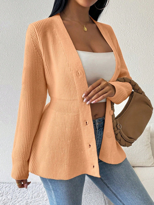 Lune cardigan elegante de mujer con cuello en v, cintura cenida y volantes en el bajo
