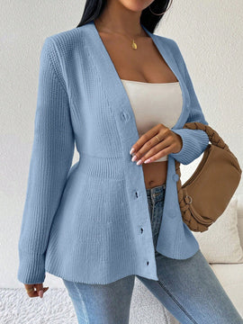 Lune cardigan elegante de mujer con cuello en v, cintura cenida y volantes en el bajo