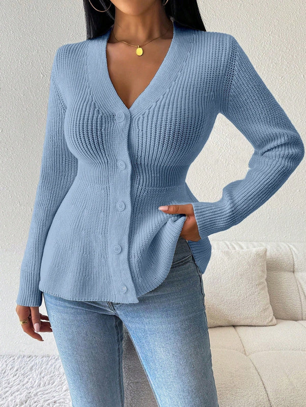 Lune cardigan elegante de mujer con cuello en v, cintura cenida y volantes en el bajo