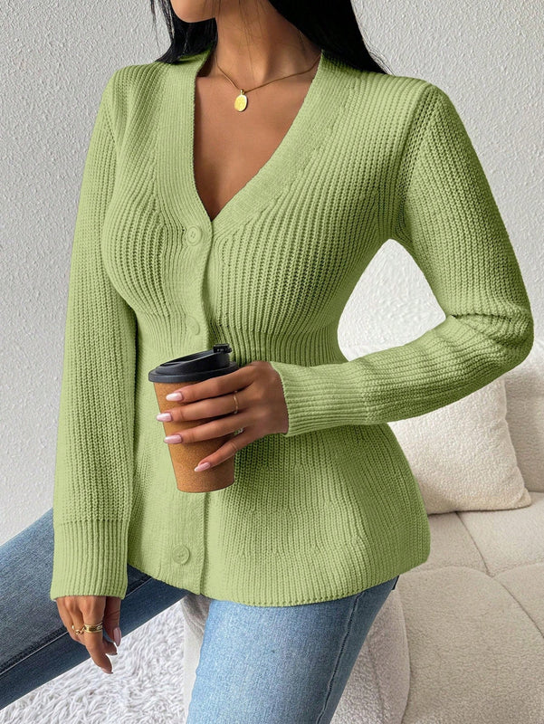 Lune cardigan elegante de mujer con cuello en v, cintura cenida y volantes en el bajo