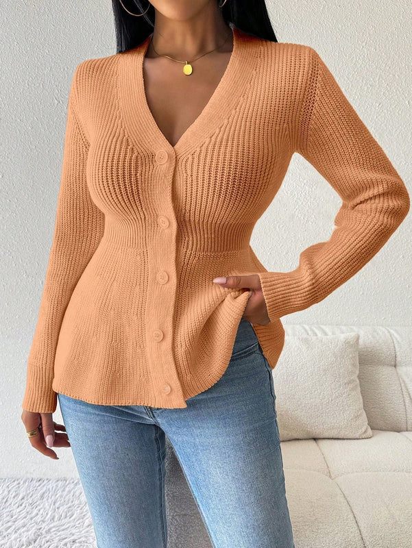 Lune cardigan elegante de mujer con cuello en v, cintura cenida y volantes en el bajo