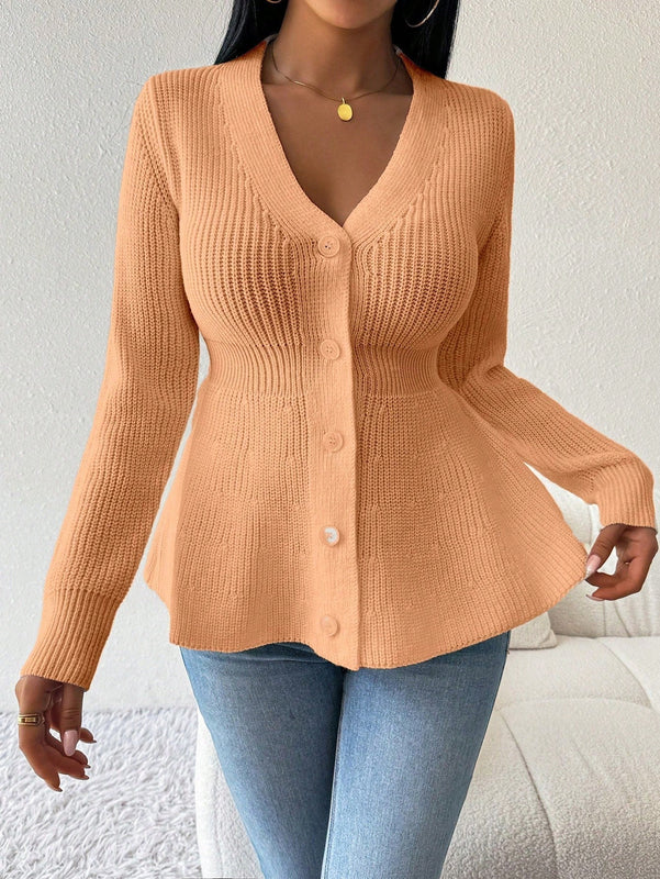 Lune cardigan elegante de mujer con cuello en v, cintura cenida y volantes en el bajo